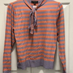 Ann Taylor Lavender & Peach Stripe Sweater With Tie Neck And Balloon Sleeve M
